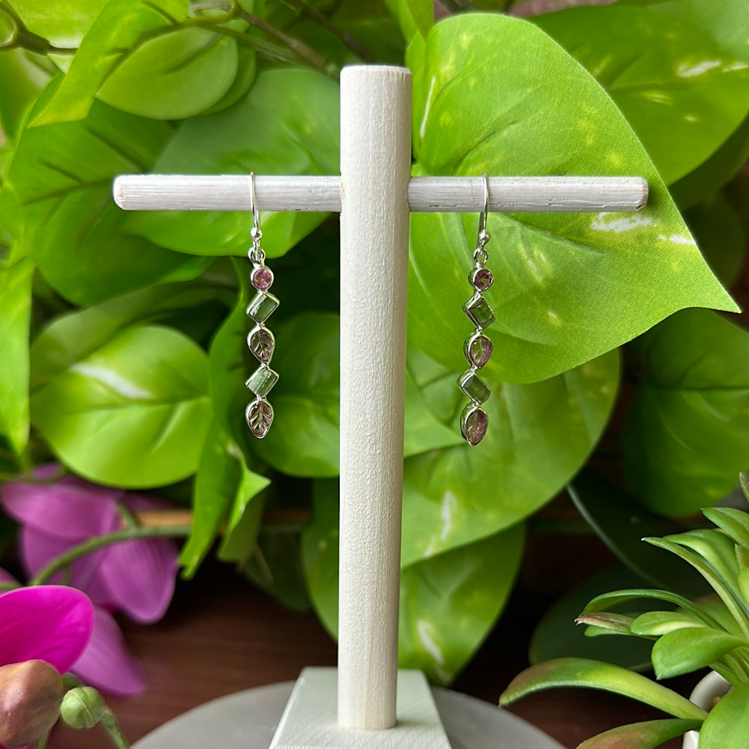 Multi-Tourmaline Earrings with Leaf Carvings in Sterling Silver