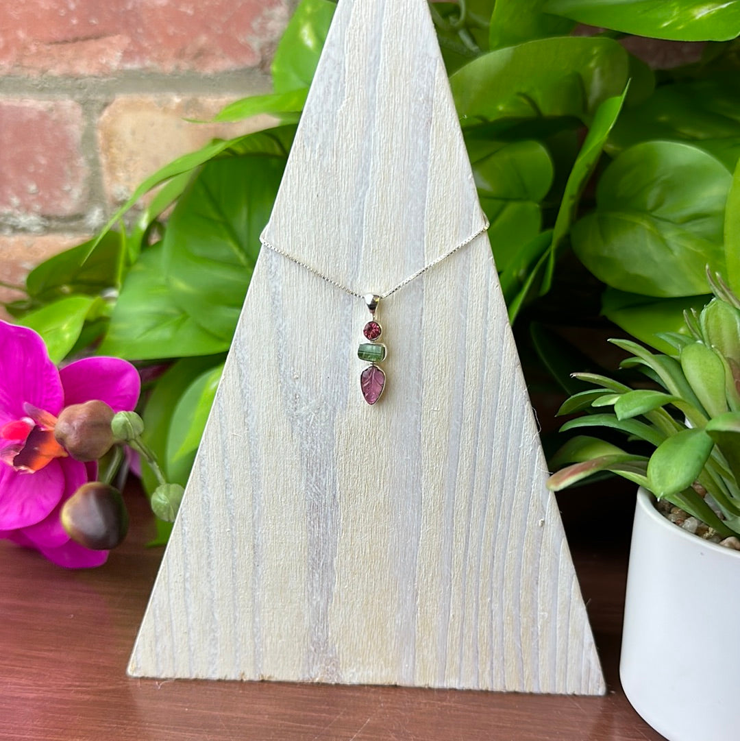 Multi-Tourmaline Pendant with Leaf Carvings in sterling silver