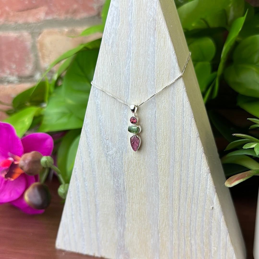 Multi-Tourmaline Pendant with Leaf Carvings in sterling silver