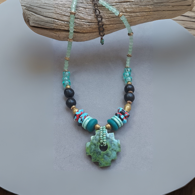 "Mystic Traveler" Jasper Peruvian Traveler's Cross, African Recycled Glass & Trade Bead Necklace- Artisan Made
