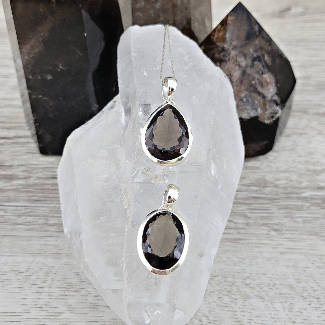 Natural Smoky Quartz Faceted Pendant sterling silver-Oval or Teardrop