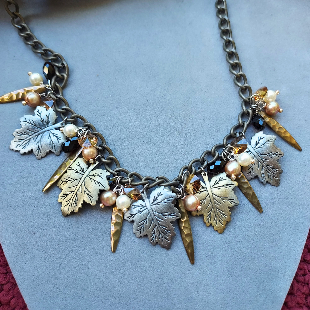 "Nature's Bounty" Leaves, Smoky Topaz, Crystal & Pearl Necklace - Artisan Made