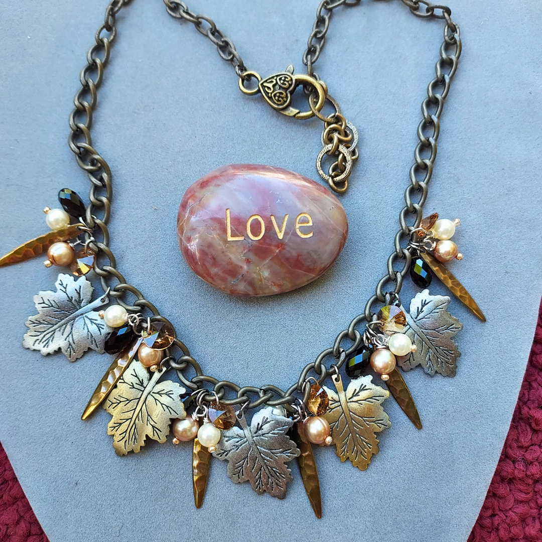 "Nature's Bounty" Leaves, Smoky Topaz, Crystal & Pearl Necklace - Artisan Made