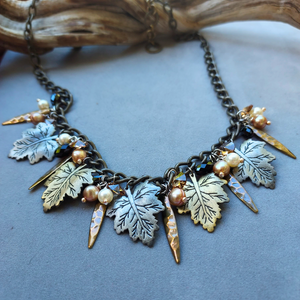 "Nature's Bounty" Leaves, Smoky Topaz, Crystal & Pearl Necklace - Artisan Made