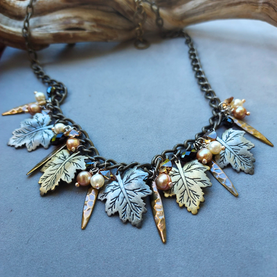 "Nature's Bounty" Leaves, Smoky Topaz, Crystal & Pearl Necklace - Artisan Made