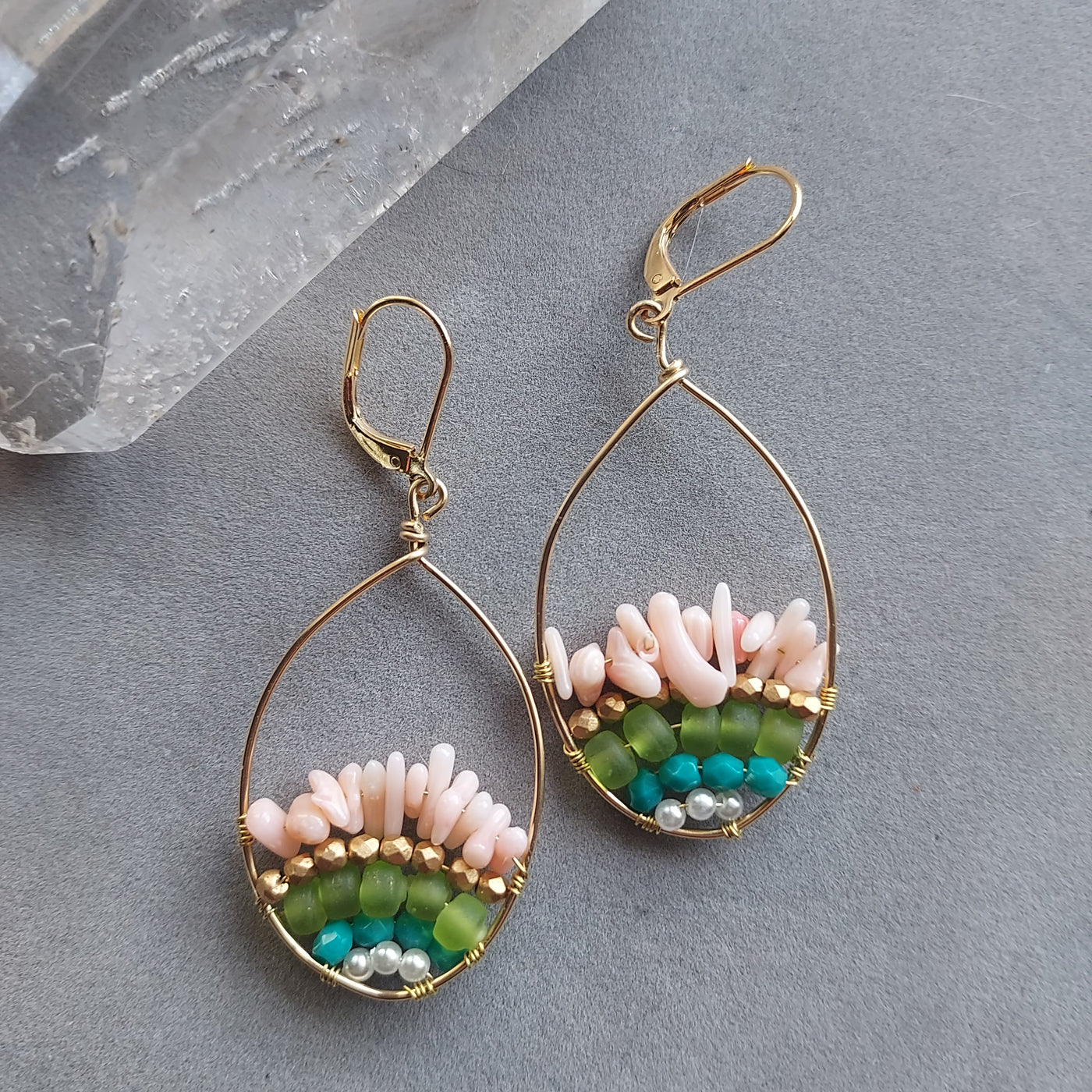 "Nature's Bounty" Pink Coral & Gold Hoop Earrings - Artisan Made