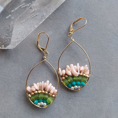 "Nature's Bounty" Pink Coral & Gold Hoop Earrings - Artisan Made