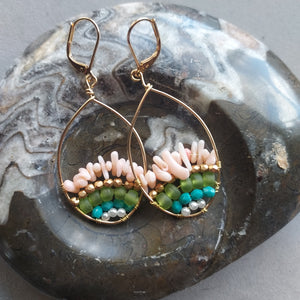 "Nature's Bounty" Pink Coral & Gold Hoop Earrings - Artisan Made