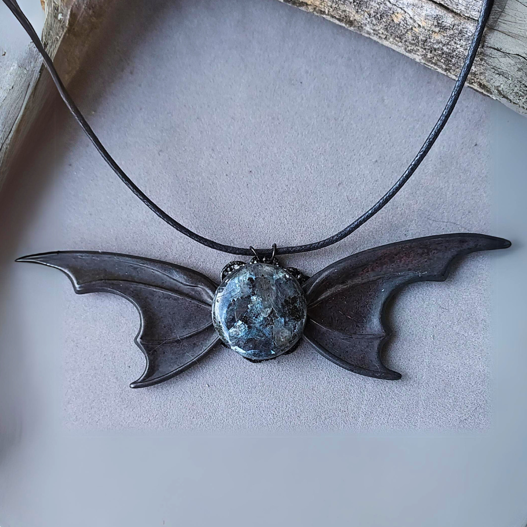 "Night Guardian" Black Sunstone Black Bat Wing Necklace - Artisan Made