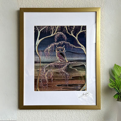Night Owl - Hand Painted Print in Frame - Original Artwork- Artisan Made