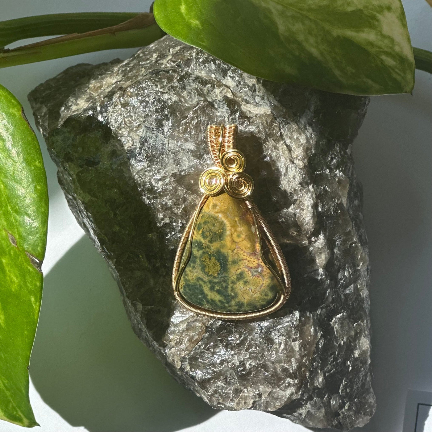 Ocean Jasper Gold Plated Wire Wrap Necklace - Artisan Made
