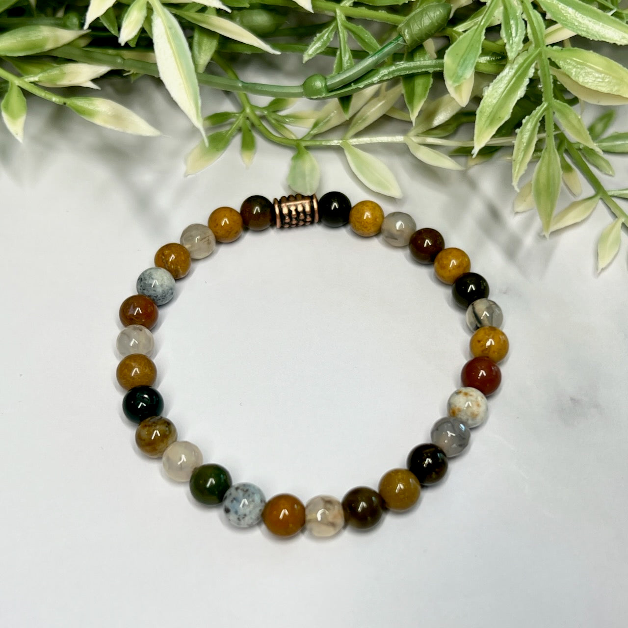 Ocean Jasper and Dragon Vein Agate Stretch Bracelet - Artisan Made