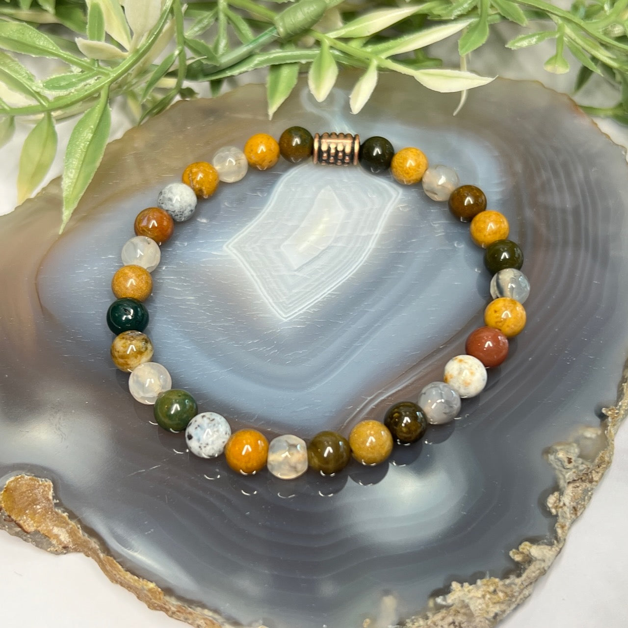 Ocean Jasper and Dragon Vein Agate Stretch Bracelet - Artisan Made