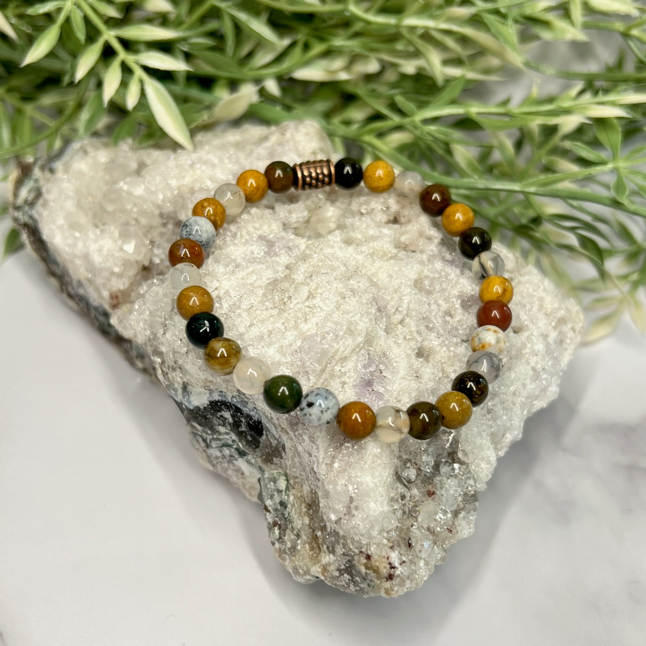 Ocean Jasper and Dragon Vein Agate Stretch Bracelet - Artisan Made