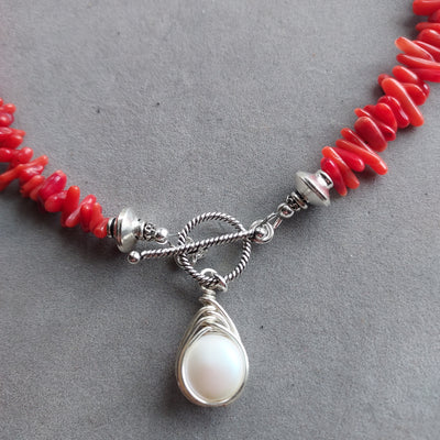 "Ocean Treasure" Coral & Pearl Necklace - Artisan Made