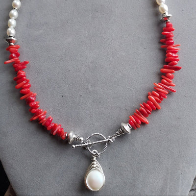 "Ocean Treasure" Coral & Pearl Necklace - Artisan Made
