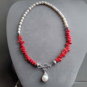 "Ocean Treasure" Coral & Pearl Necklace - Artisan Made
