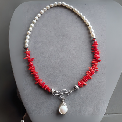 "Ocean Treasure" Coral & Pearl Necklace - Artisan Made