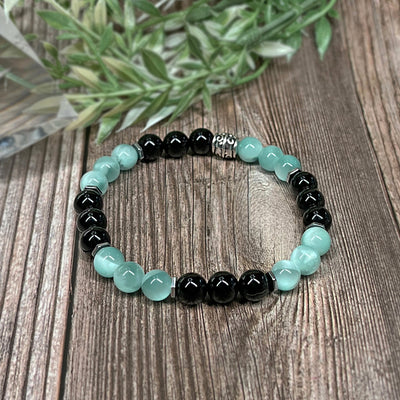 Onyx and Green Moonstone Stretch Bracelet - Artisan Made