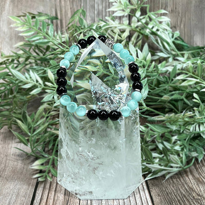 Onyx and Green Moonstone Stretch Bracelet - Artisan Made