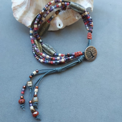 "Pathfinder" Adjustable 4 Strand Beaded Leather Bracelet - Artisan Made