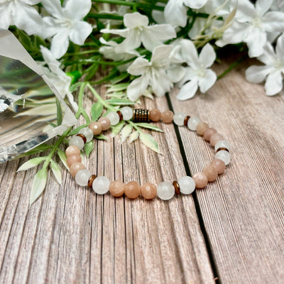 Peach Moonstone & White Jade Stretch Bracelet - Artisan Made