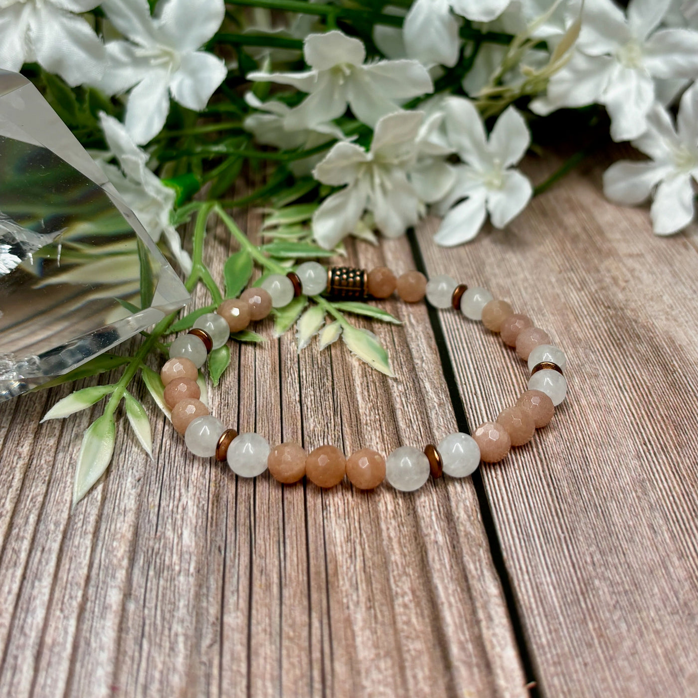 Peach Moonstone & White Jade Stretch Bracelet - Artisan Made