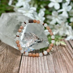 Peach Moonstone & White Jade Stretch Bracelet - Artisan Made