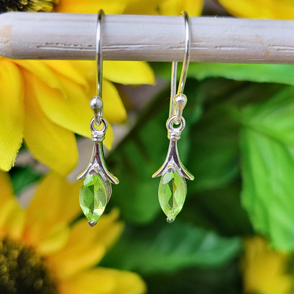 All Natural Gemstone Earrings, Peridot, Carved Mother of Pearl Flowers, CZ Accents, store Sterling Silver Settings