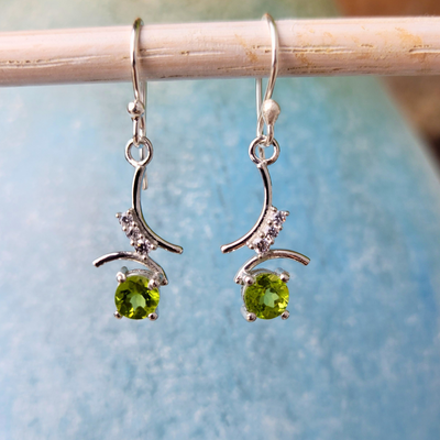 Peridot Round Faceted Earrings w/CZ Accents-Sterling Silver