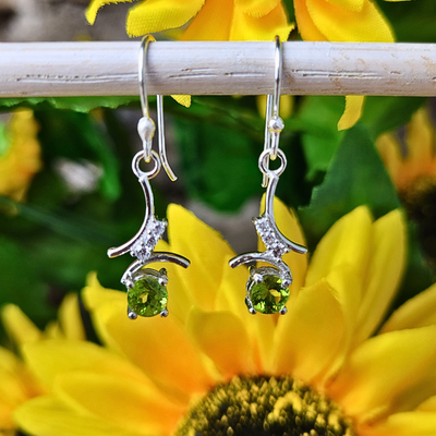 Peridot Round Faceted Earrings w/CZ Accents-Sterling Silver