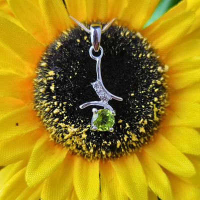 Peridot Round Faceted Prong Pendant w/CZ Accents-Sterling Silver