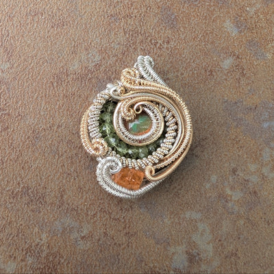 Peridot Spiral Pendant with Ethiopian Opal and Garnet - Artisan Made