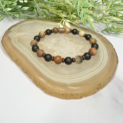 Petrified Wood and Onyx Stretch Bracelet-Artisan Made