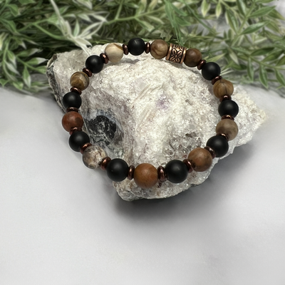 Petrified Wood and Onyx Stretch Bracelet-Artisan Made