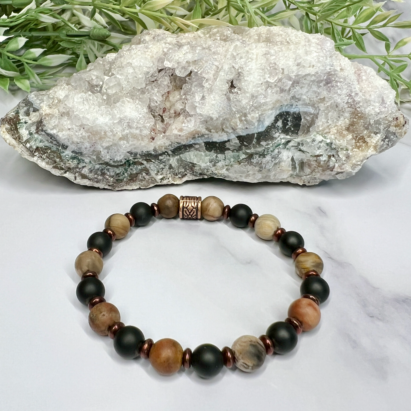 Petrified Wood and Onyx Stretch Bracelet-Artisan Made