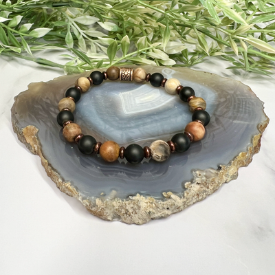 Petrified Wood and Onyx Stretch Bracelet-Artisan Made