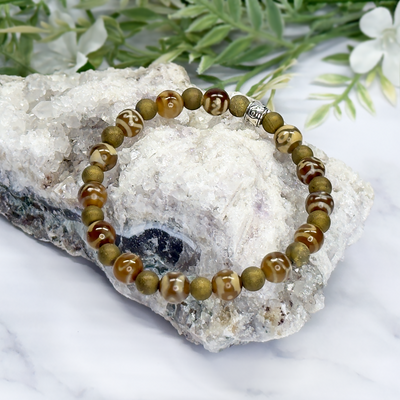 Picture Jasper, Red Wood, AAA Yellow Tiger Rondel. Stretch Bracelet – Artisan Made