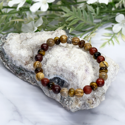 Picture Jasper, Red Wood, AAA Yellow Tiger Rondel. Stretch Bracelet – Artisan Made