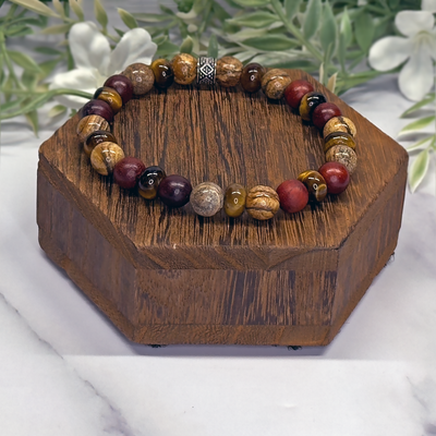 Picture Jasper, Red Wood, AAA Yellow Tiger Rondel. Stretch Bracelet – Artisan Made