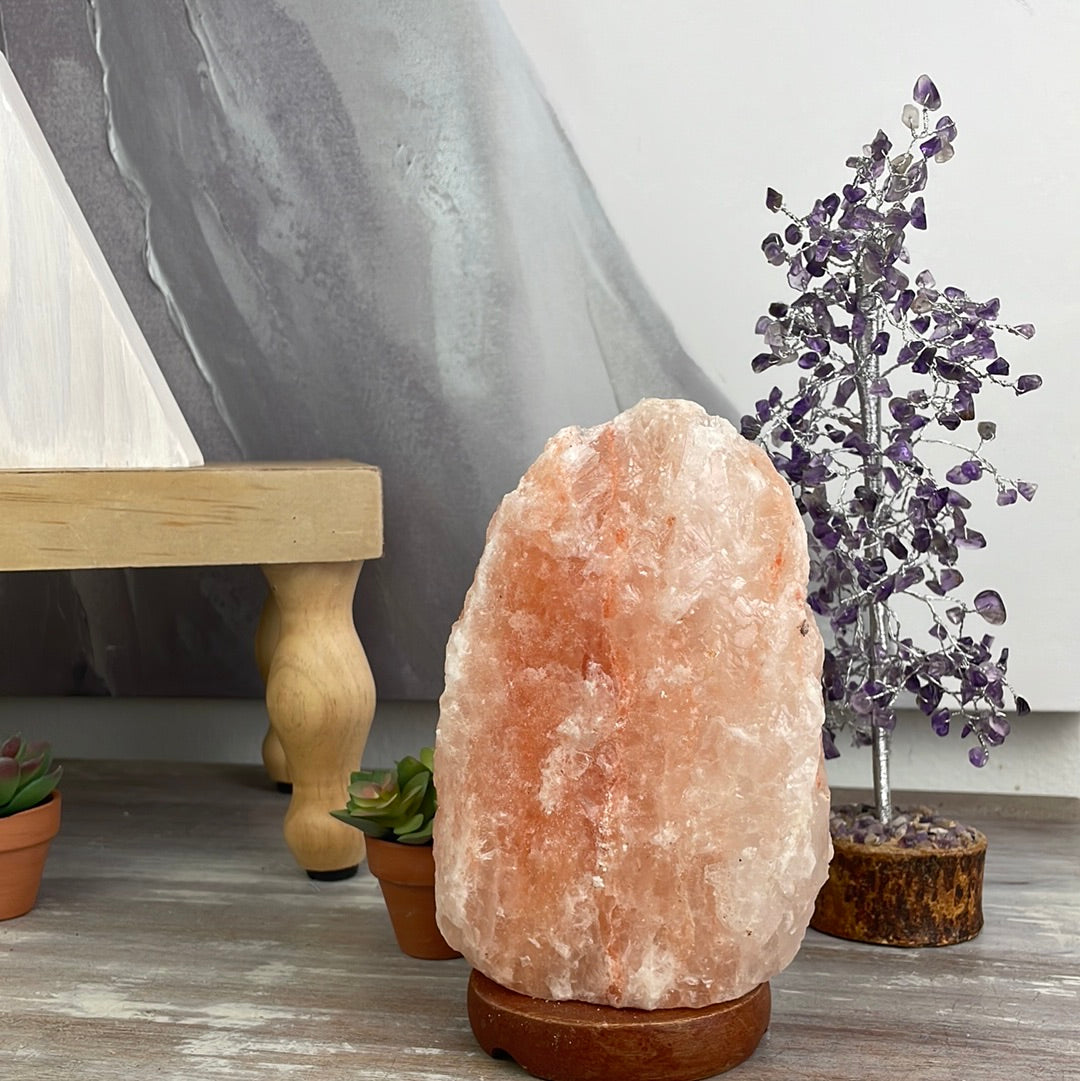 Pink Himalayan Salt Lamp on Wooden Base 6" with bulb and cord