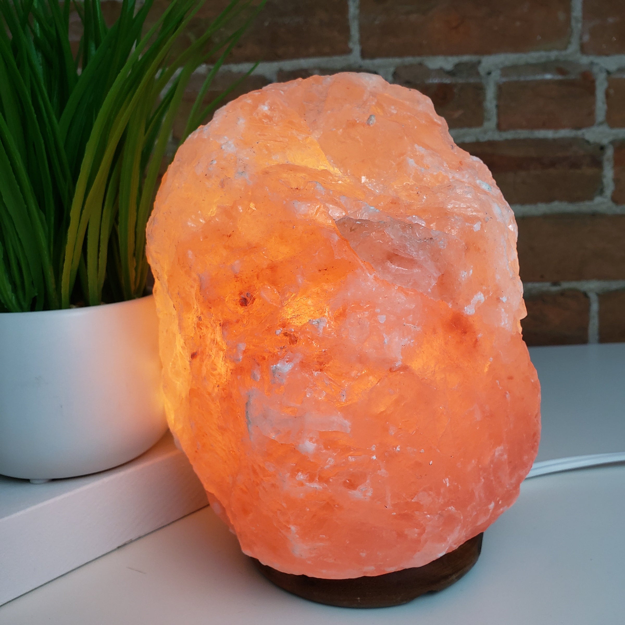 Pink Himalayan Salt Lamp on Wooden Base - 8" tall with bulb and cord