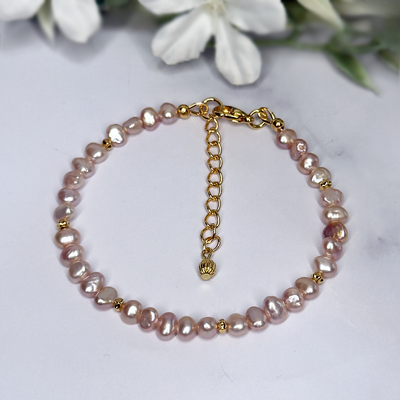 Pink Pearl and Gold Adjustable Bracelet- Artisan Made