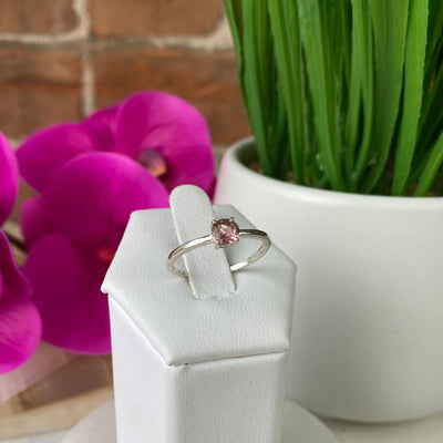Pink Tourmaline Round Faceted Ring with sterling silver Prong and Sized Band