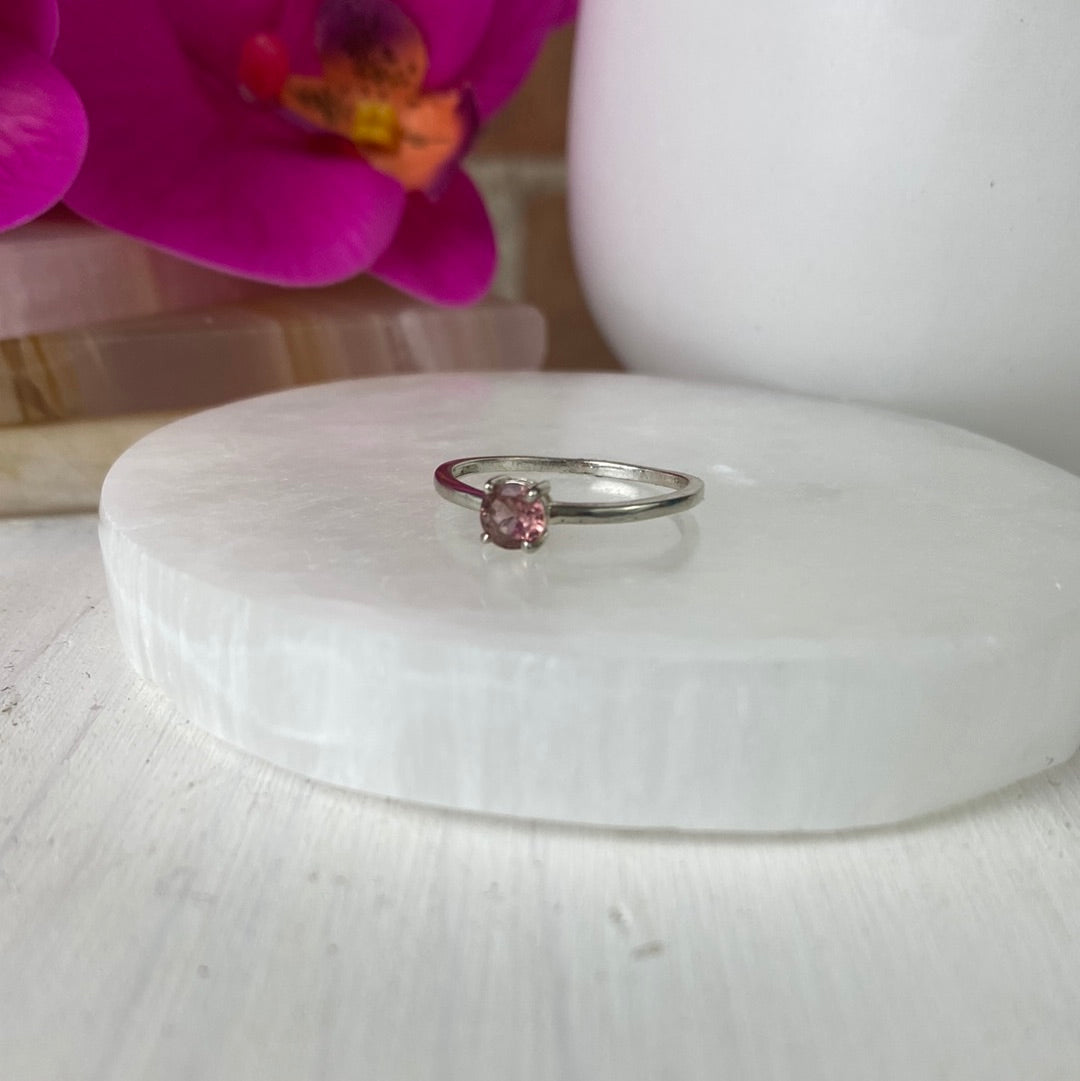 Pink Tourmaline Round Faceted Ring with sterling silver Prong and Sized Band