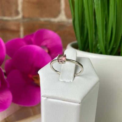Pink Tourmaline Round Faceted Ring with Sterling Silver Prong and Sized Band