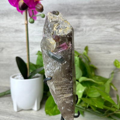 Pink and Green Tourmaline in Smoky Quartz on Custom Metal Stand