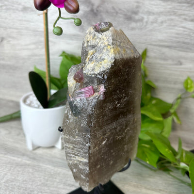 Pink and Green Tourmaline in Smoky Quartz on Custom Metal Stand