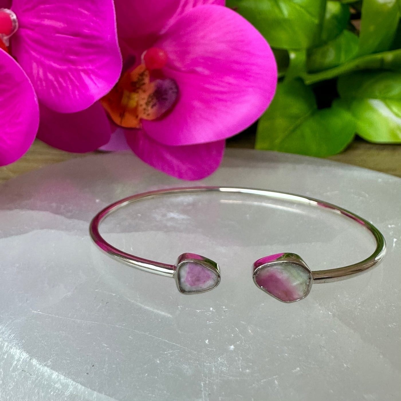 Polished Watermelon Tourmaline Double Gemstone sterling silver Cuff Bracelet