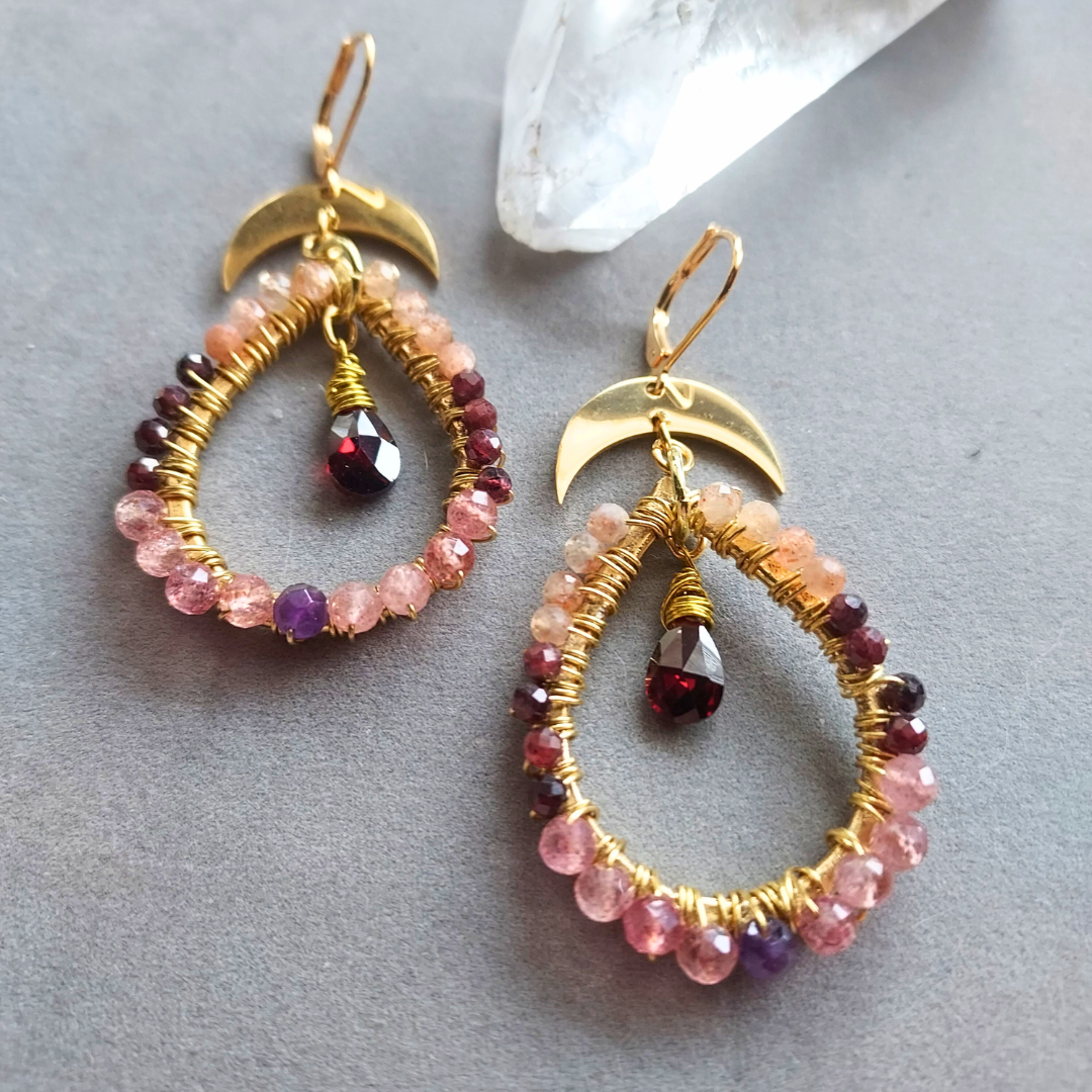 "Power Stones" Peach Moonstone, Garnet, Rose Quartz & Amethyst Hoop Earrings- Artisan Made